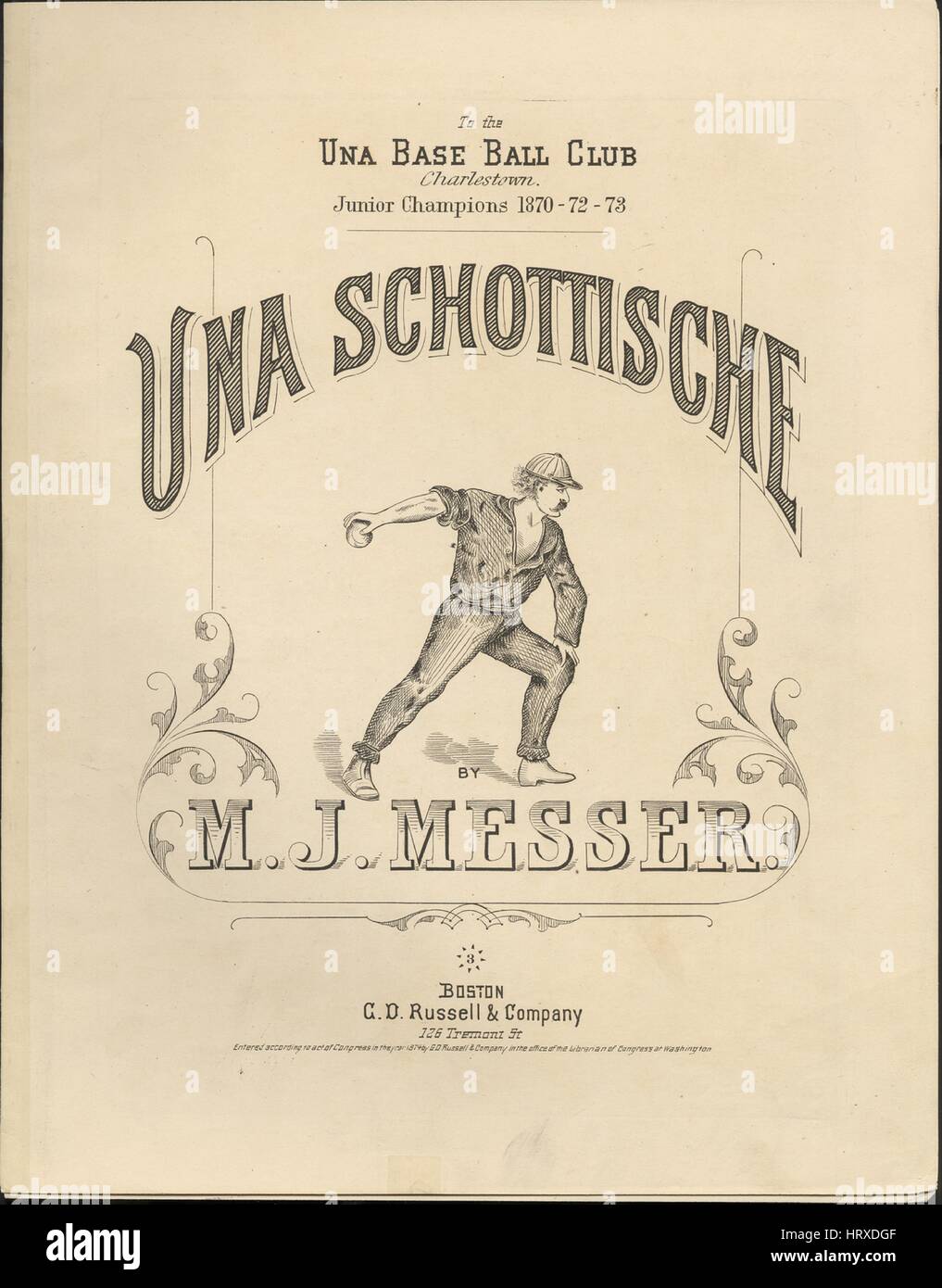 Noten-Cover-Bild von dem Lied "Una schottisch", mit ursprünglichen Autorschaft Noten lesen "Von MJ Messer", USA, 1874. Der Verlag als "C.d. Russell und Company, 126 Tremont St." aufgeführt ist, die Form der Komposition ist "Schnitt, mit dem Trio" die Instrumentierung ist "Klavier", liest die erste Zeile "None" und der Abbildung Künstler als "Schlimper, Herrn" aufgeführt ist. Stockfoto