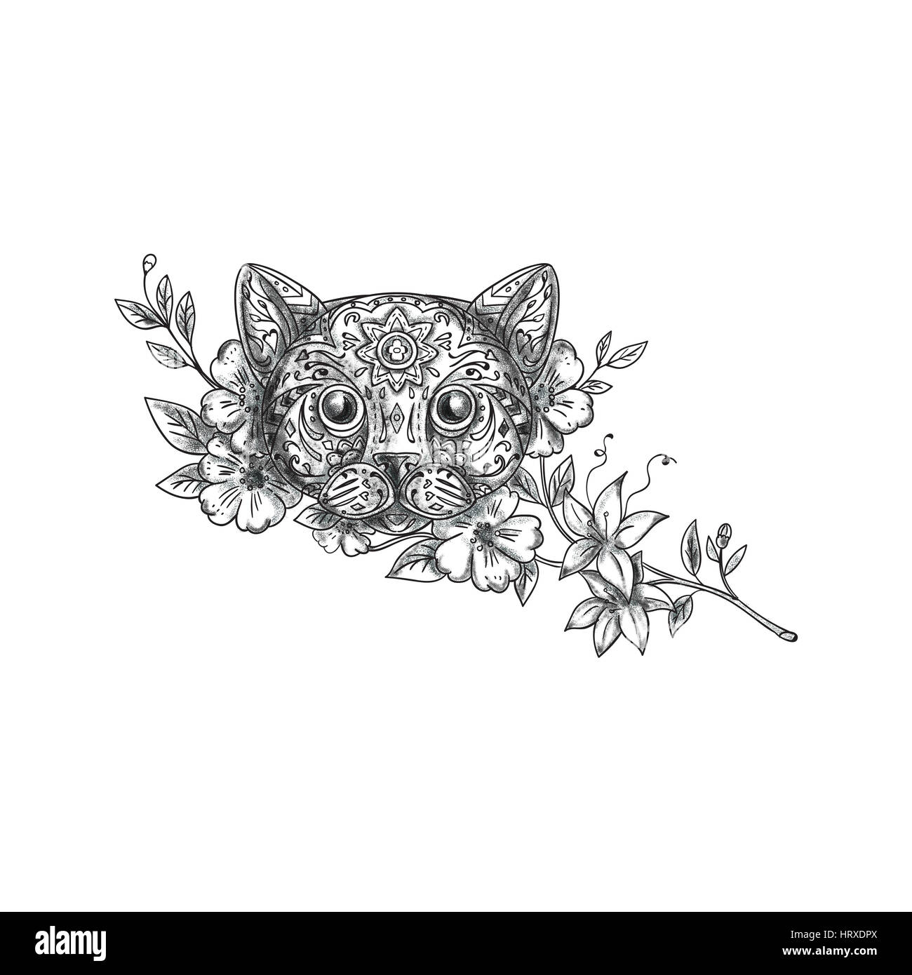 Tattoo Art Illustration der Kopf einer Katze mit Jasminblüten von vorne am isolierten weißen Hintergrund betrachtet. Stockfoto