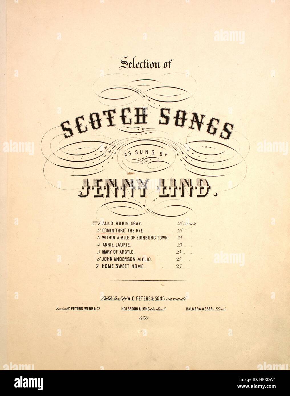 Titelbild der Noten des Liedes "Auswahl von Scotch Songs als gesungen von Jenny Lind No 2 Comin ' Thro 'the Rye", mit ursprünglichen Autorschaft Notizen lesen "Na", USA, 1900. Der Verlag als "W.c. Peters und Co." aufgeführt ist, die Form der Komposition ist "strophischen", die Instrumentierung ist "Klavier und Stimme", liest die erste Zeile "Gin einen Körper treffen einen Körper, Comin ' Thro"the Rye", und der Abbildung Künstler als 'None' aufgeführt ist. Stockfoto