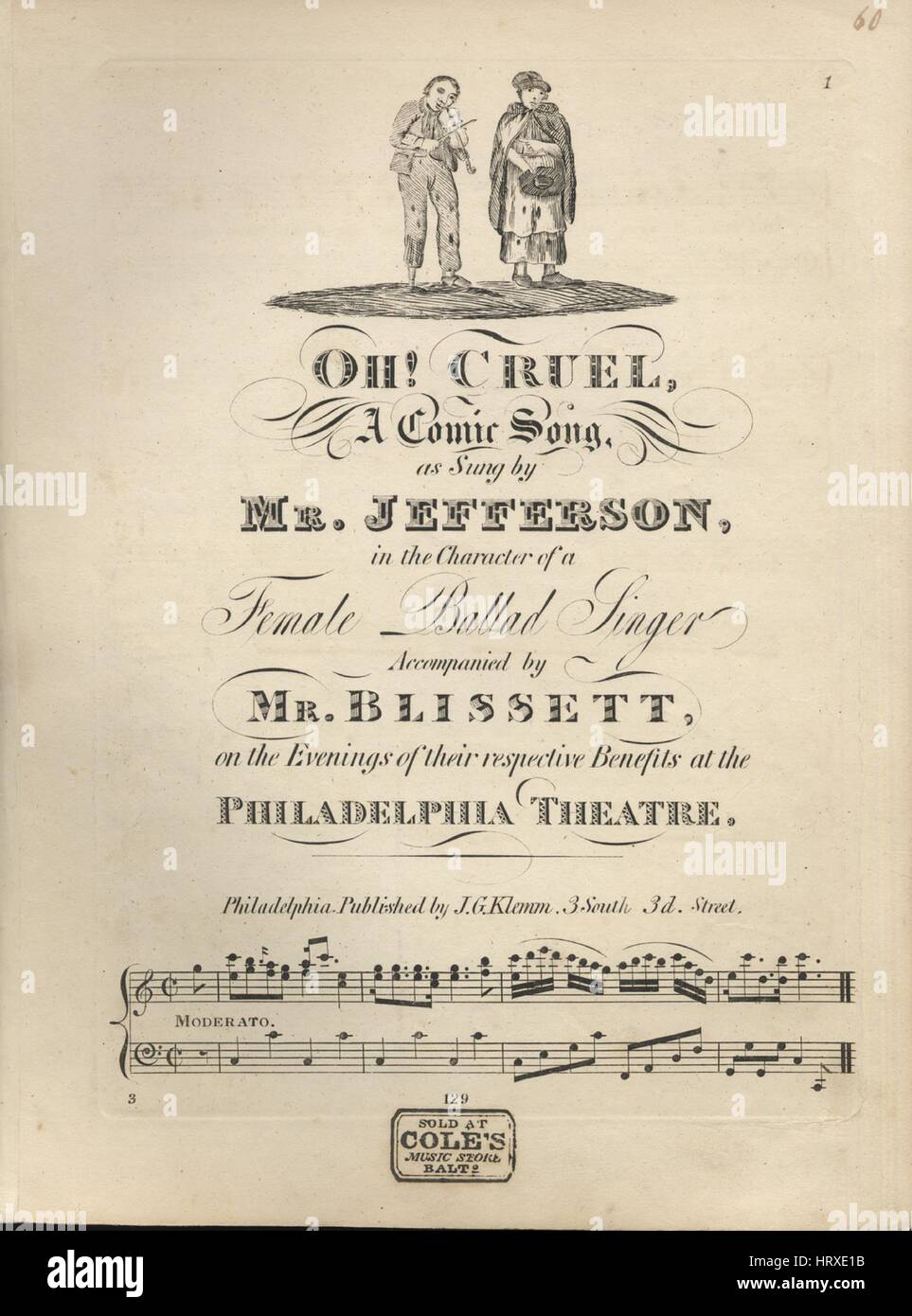 Titelbild der Noten des Liedes "Oh! Grausame A Comic-Song ", mit ursprünglichen Autorschaft Noten lesen"Na", USA, 1900. Der Verlag als "J.g. Klemm, 3 3d Südstraße" aufgeführt ist, die Form der Komposition ist "strophische mit Chor", die Instrumentierung ist "Klavier und Stimme", liest die erste Zeile ' Oh! grausam waren meine Eltern, wie meine Liebe von mir Riss ", und der Abbildung Künstler wird als 'None' aufgeführt. Stockfoto