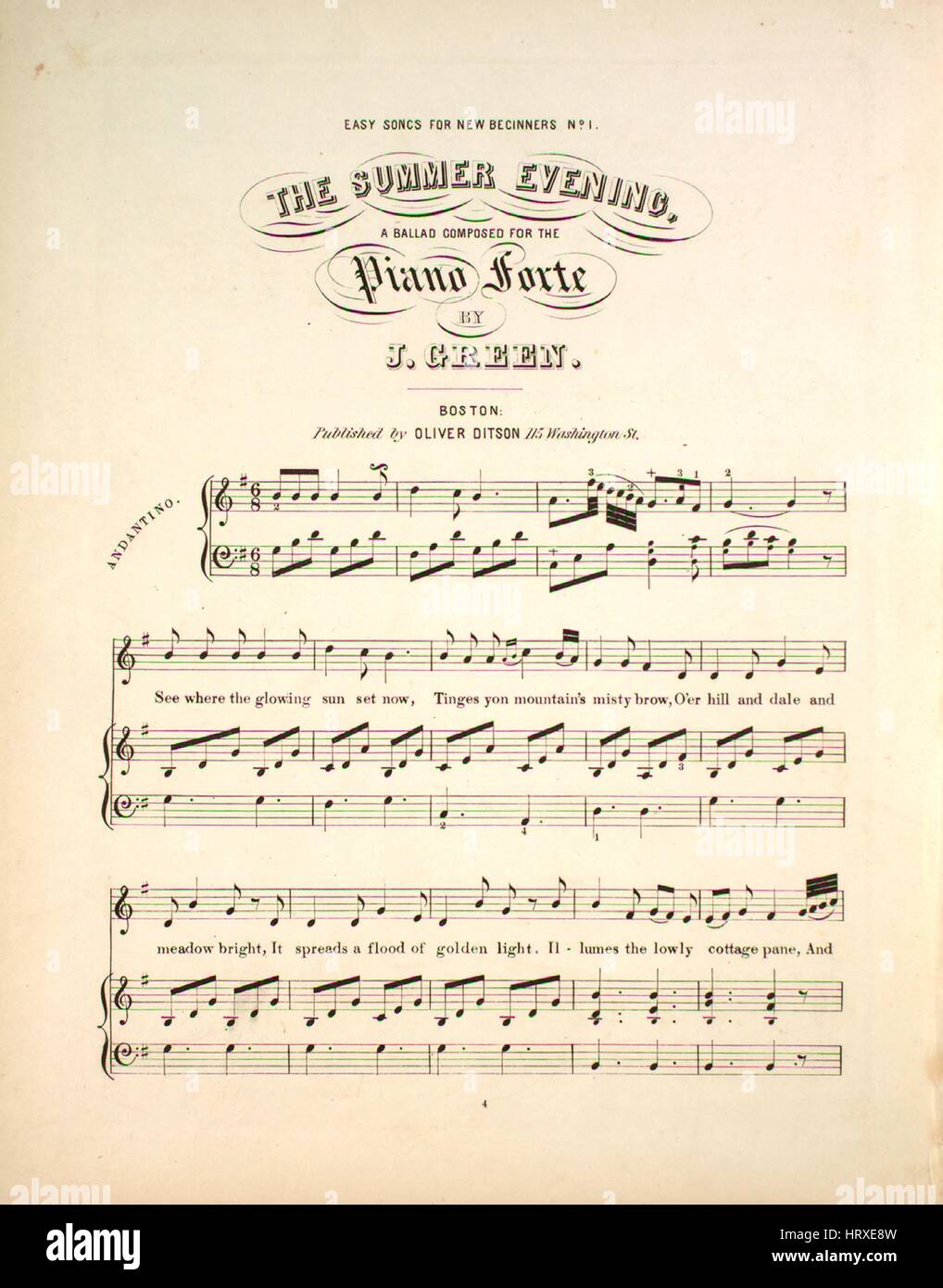 Titelbild der Noten des Liedes "Einfache Lieder für neue Anfänger Nr. 1 der  Sommerabend", mit ursprünglichen Autorschaft Noten lesen "A Ballade  komponiert für das Piano-Forte von J Green", USA, 1900. Der Verlag