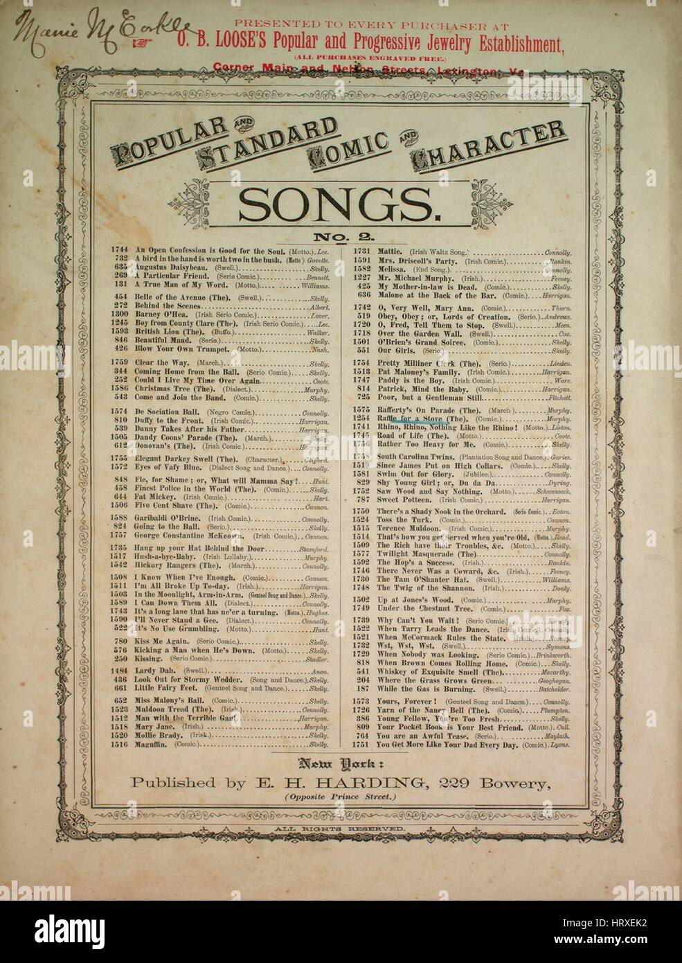 Noten-Cover-Bild des Liedes "Popular und Standard Comic und Charakter Songs No 2 Nr. 1254 der Verlosung für einen Herd", mit ursprünglichen Autorschaft Noten lesen "Geschrieben, komponiert von JE Murphy (von Murphy und Mack)", Vereinigte Staaten, 1879. Der Verlag als "E.H. Harding, 229 Bowery (gegenüberliegende Prince Street)" aufgeführt ist, die Form der Komposition ist "strophische mit Chor (mit Tanzeinlage)", die Instrumentierung ist "Klavier und Stimme", die erste Linie liest "Am vergangenen Mittwoch besuchte ich eine Verlosung für einen Herd, zugunsten der Frau und sollt der Timothy J. Cosgrove" und der Abbildung Künstler aufgeführt als Stockfoto