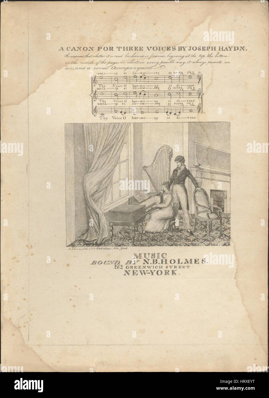 Noten-Cover-Bild des Songs "A Kanon für drei Stimmen", mit ursprünglichen Autorschaft Noten lesen "Von Joseph Haydn So zusammengesetzt, dass es rückwärts gelesen oder weiterleitet, beginnend an der Spitze, der Unterseite, von der Mitte der Seite, kurz gesagt, in jeder möglichen Weise immer einen Hauch und eine korrekte aktivierende [sic] dargestellt", USA, 1900. Der Herausgeber ist aufgeführt, wie "Gebunden von N.B. Holmes, 262 Greenwich Street", die Form der Komposition "nur ist" die Instrumentierung ist "Klavier und Stimme [?]", die erste Zeile liest "None" und der Abbildung Künstler wird als aufgeführt "M. Willi Stockfoto