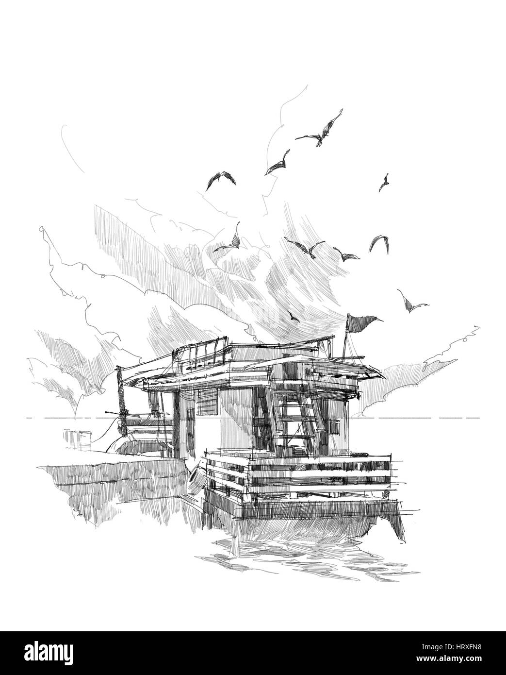 grobe Skizze der Fischerboote im Hafen Stockfoto