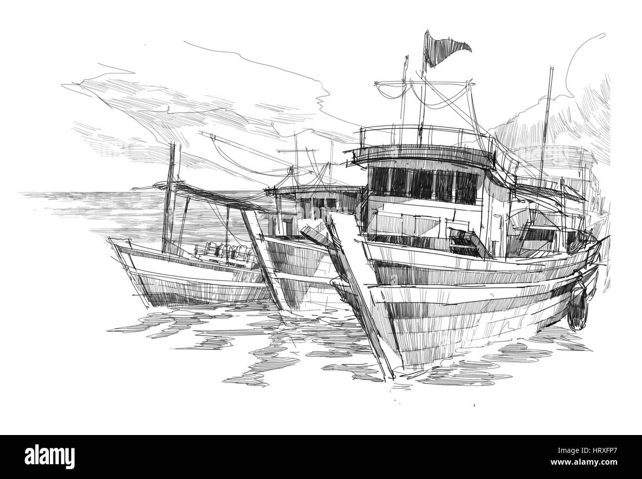 grobe Skizze der Fischerboote im Hafen Stockfoto