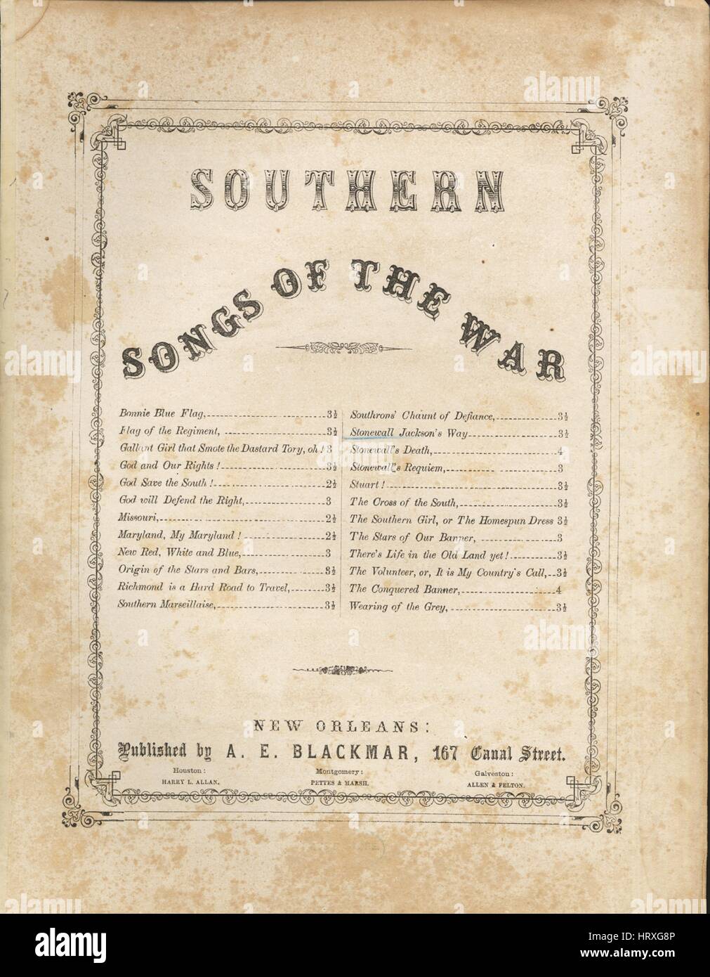 Noten-Cover-Bild des Liedes "Southern Songs von den Krieg Stonewall Jackson Weg", mit ursprünglichen Autorschaft Noten lesen "Na", 1865. Der Verlag als "A.e. wurde, 167 Canal St." aufgeführt ist, die Form der Komposition ist "strophische mit Chor", die Instrumentierung ist "Klavier und Stimme", liest die erste Zeile "kommen, Stapeln Sie Arme, Männer! Stapel auf den Schienen schüren am Lagerfeuer hell ", und der Abbildung Künstler wird als aufgeführt" Engd. bei Claytons ". Stockfoto