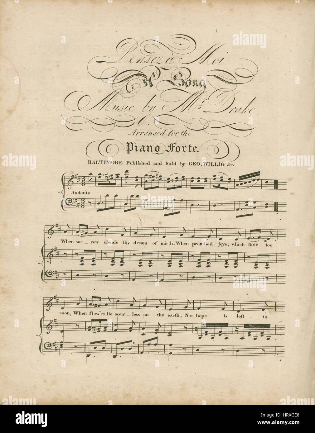 Titelbild der Noten des Liedes "Penser"ein Moi A Song", mit ursprünglichen Autorschaft Notizen lesen"Musik von Herr Drake arrangiert für Piano-Forte", USA, 1900. Der Verlag als "Willig Jr. Geo." aufgeführt ist, die Form der Komposition ist "strophische mit Chor", die Instrumentierung ist "Klavier und Stimme", die erste Linie liest "wenn Trauer dein Traum von Heiterkeit, Wolken, wenn versprochen Freuden, welche verblassen zu früh" und der Abbildung Künstler als 'None' aufgeführt ist. Stockfoto
