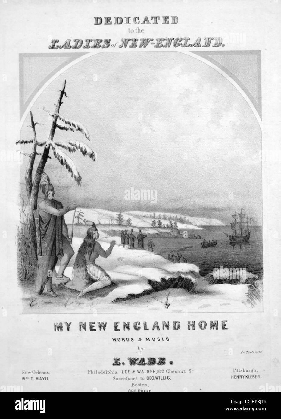 Noten-Cover-Bild von den Song "My New England Home" mit ursprünglichen Autorschaft Noten reading "Worte und Musik von Frau L Wade", USA, 1851. Der Verlag als "Lee und Walker, 162 Chesnut St., Nachfolger Geo. Willig" aufgeführt ist, die Form der Komposition ist "strophische mit Chor", die Instrumentierung ist "Klavier und Stimme", die erste Linie liest "Lass mich gehen nach New England noch einmal als Gast in das Haus meiner Kindheit in Unschuld blest" und der Abbildung Künstler als 'None' aufgeführt ist. Stockfoto