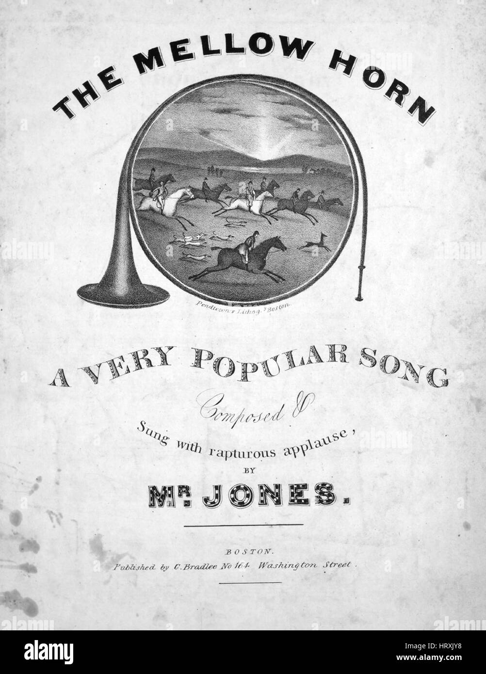 Titelbild der Noten des Liedes "The Mellow Horn A sehr beliebte Lied", mit ursprünglichen Autorschaft Noten lesen "Komponiert von Herr Jones", USA, 1900. Der Verlag als "C. Bradlee, No.164 Washington Street" aufgeführt ist, die Form der Komposition ist "strophische mit Chor", die Instrumentierung ist "Klavier und Stimme", die erste Linie liest "Bei Dämmerung Aurora fröhlich Pausen in ihrem Stolz Kleidung" und der Abbildung Künstler ist aufgeführt als "Pendleton Lithogy. Boston ". Stockfoto