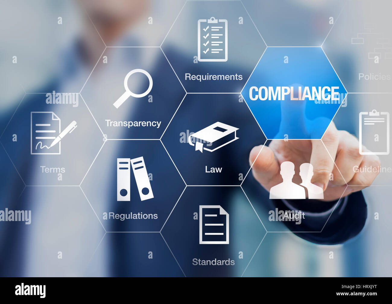 Compliance-Konzept mit Symbolen für Vorschriften, Gesetze, Normen, Anforderungen und Prüfung auf einer virtuellen Leinwand mit einer Geschäftsperson berühren einer Taste Stockfoto