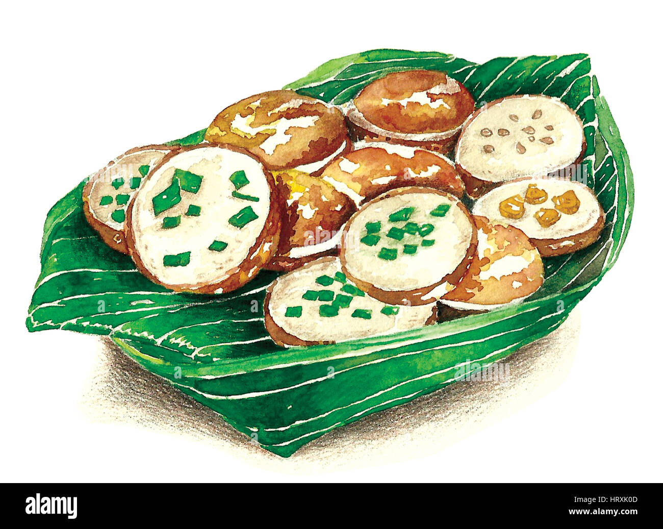 Thai Snack Kokosmilch auf Banane Blatt Aquarell. Stockfoto