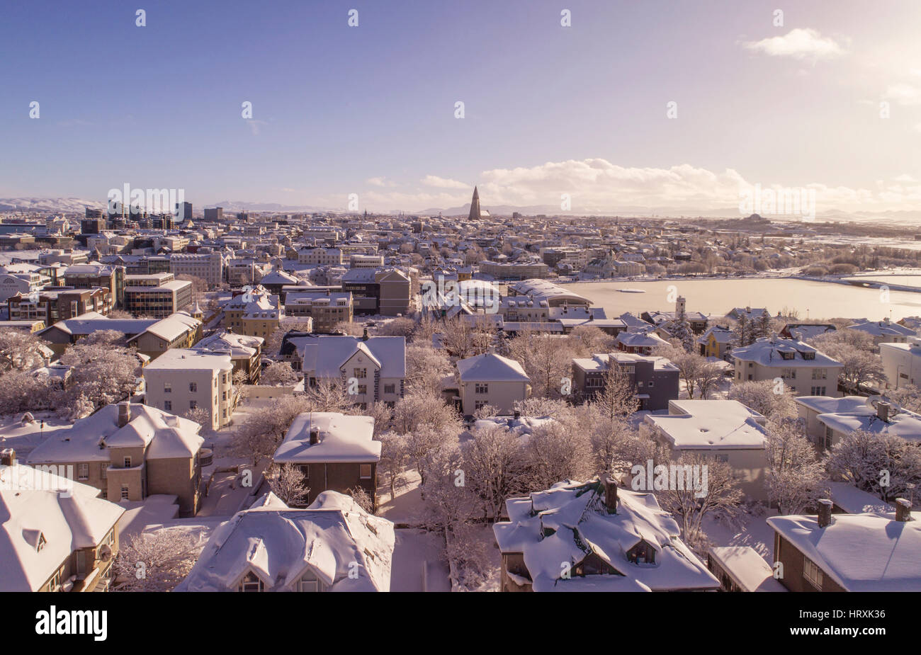 Luftaufnahme von Reykjavik, die Hauptstadt von Island nach starkem Schneefall im winter Stockfoto