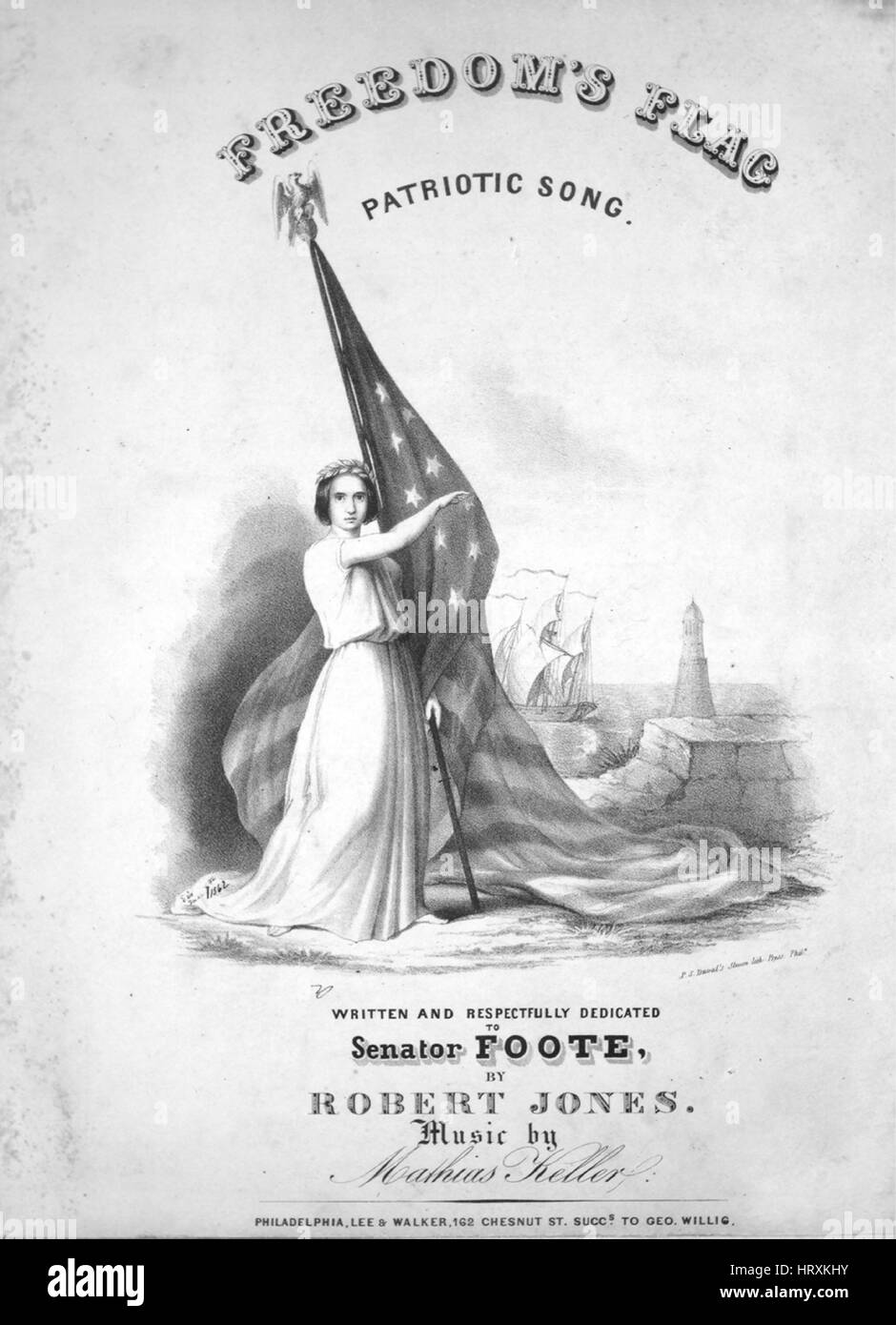 Titelbild der Noten des Liedes "Der Freiheit Flagge patriotisches Lied", mit ursprünglichen Autorschaft Noten lesen "Geschrieben von Robert Jones Musik von Mathias Keller", USA, 1900. Der Herausgeber ist als aufgeführt "Lee und Walker, 162 Chesnut St. Succs. für Geo. Willig', die Form der Komposition ist "strophische mit Chor", die Instrumentierung ist "Klavier und Stimme", die erste Linie liest "Seitensprung im Ausland, der fresh'ning Sturm, das Wahrzeichen der Freiheit der Seele" und der Abbildung Künstler wird als aufgeführt "P.S. Duval Dampf Lith Presse. Phila. ". Stockfoto