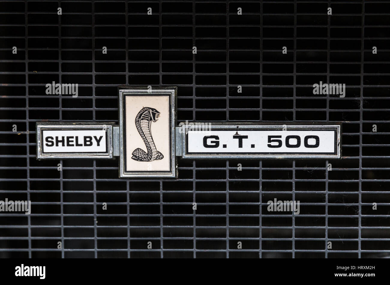 Verona, Italien - 9. Mai 2015: Typenschild auf dem Kühlergrill eines Jahrgangs Mustang. Stockfoto