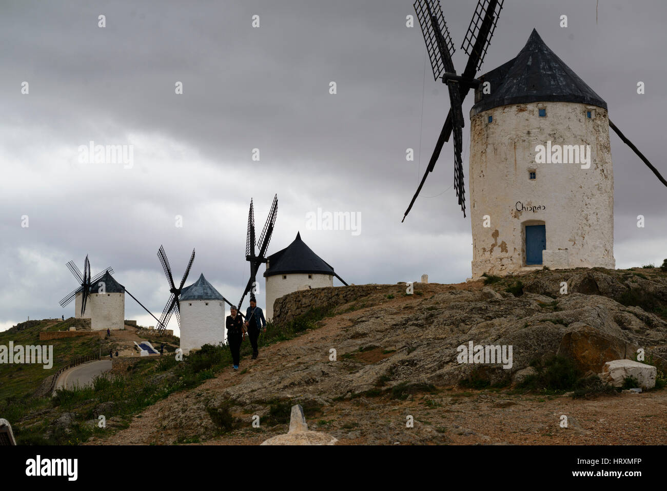 Die berühmten Mühlen von Consuegra in der Provinz Toledo, Kastilien-La Mancha, Spanien Stockfoto
