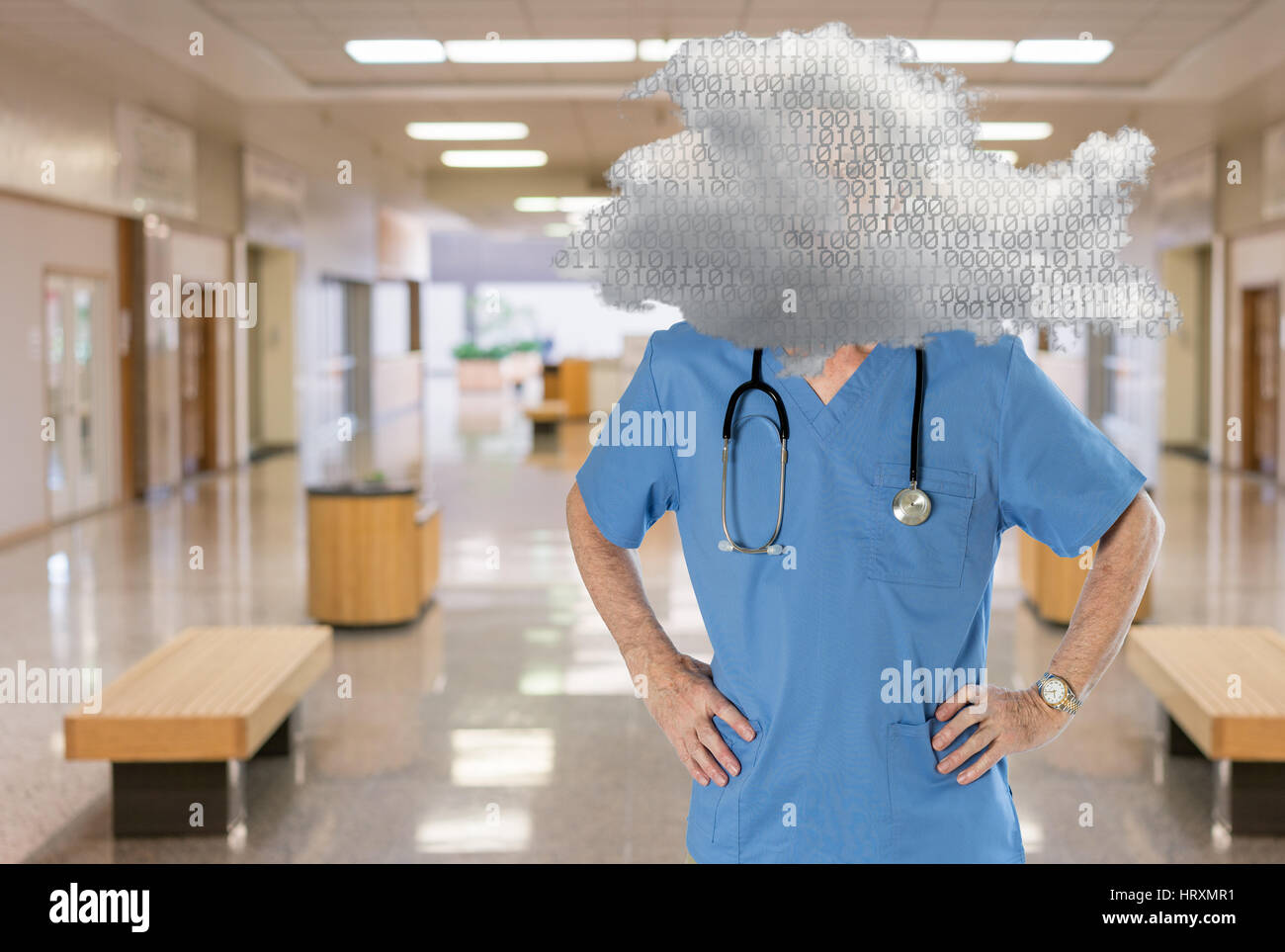 Männlichen kaukasischen Oberärztin mit Stethoskop in medizinischen Peelings mit Kopf im Bereich Cloud computing vorgeschlagen Zugriff auf elektronische Patientenakten via w-LAN Stockfoto