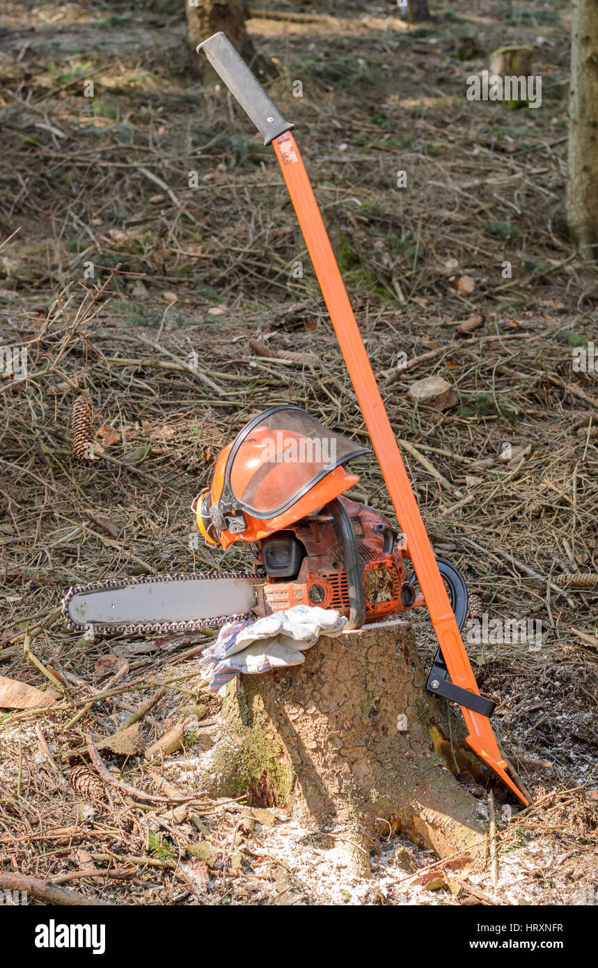 Ausrüstung für Holzfäller Kettensäge und Helm Stockfoto