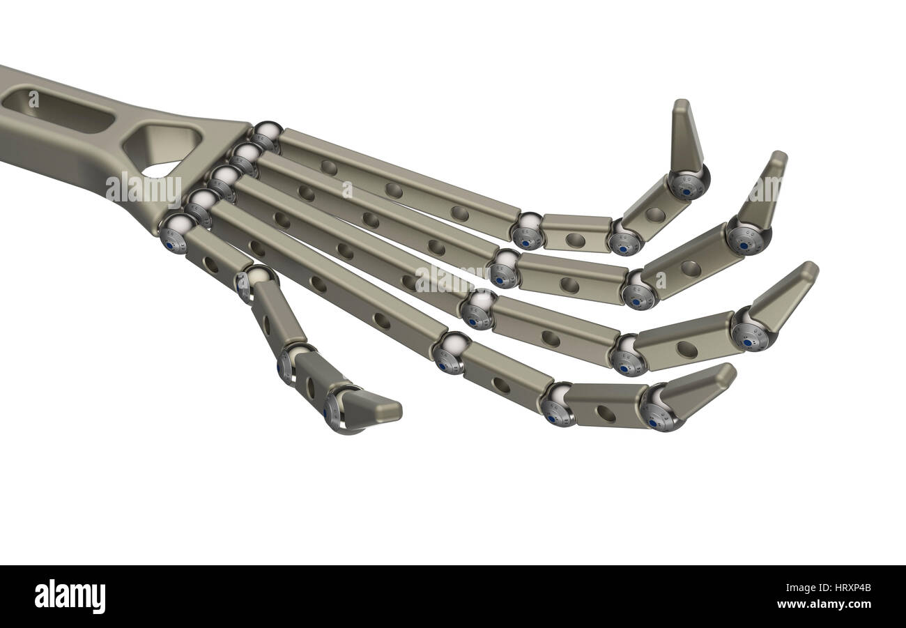 Metallische Roboterhand isoliert auf weißem Hintergrund 3D-Rendering Stockfoto