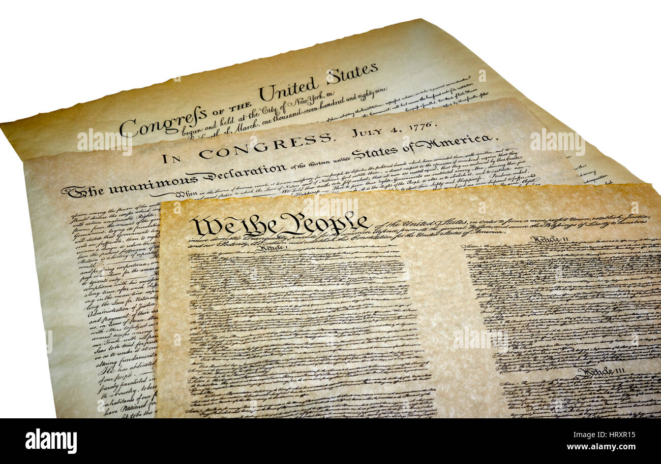 Erklärung der Unabhängigkeit, die Bill Of Rights und die Verfassung der Vereinigten Staaten isoliert auf weiss Stockfoto