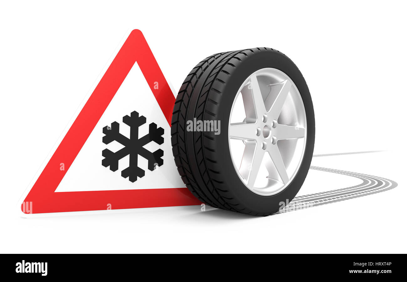 Verkehrsschild mit Winter-Symbol, Pkw-Reifen mit Track isoliert auf weißem Hintergrund 3D-Rendering Stockfoto
