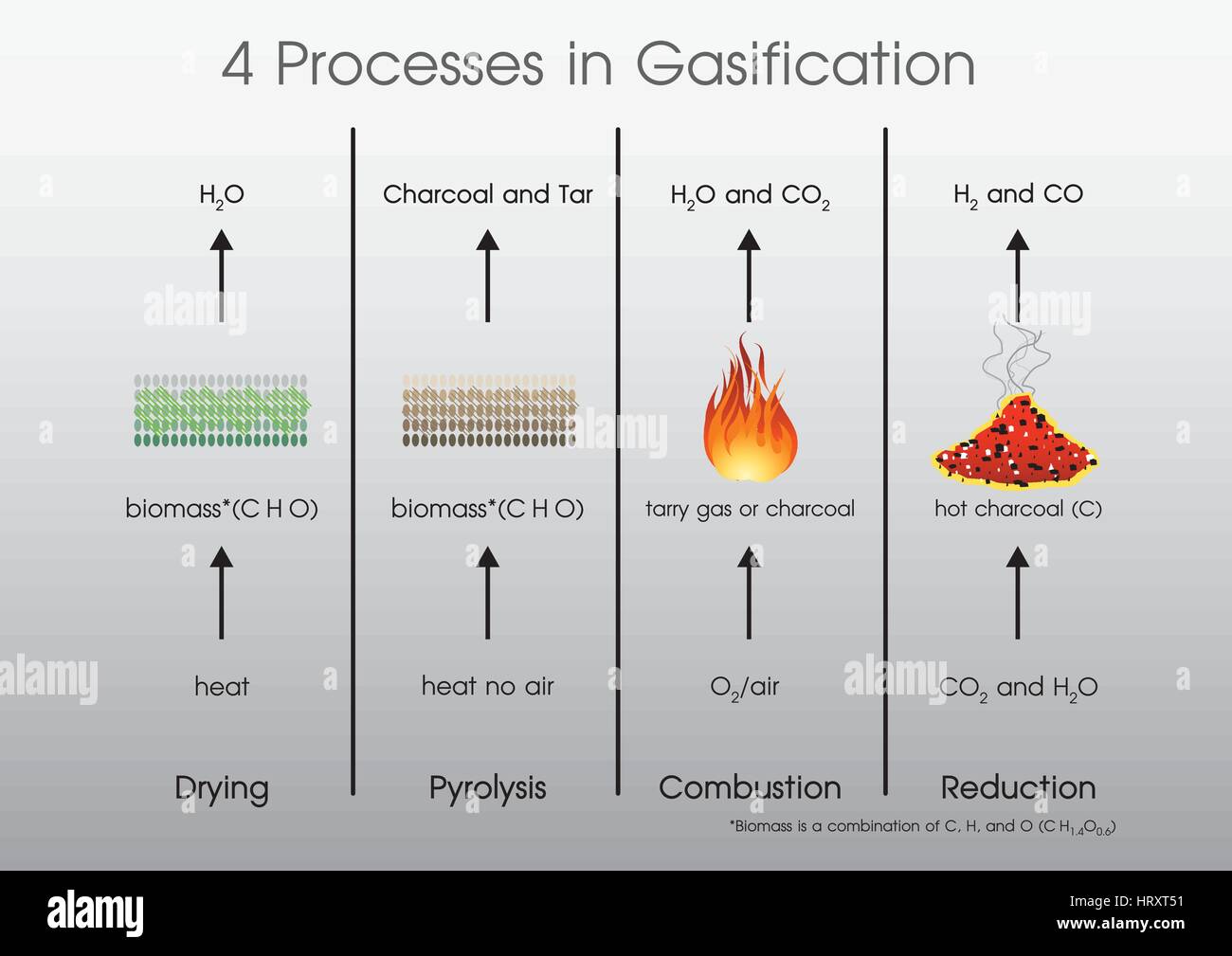 4 Prozesse im trocknen Vergasung, Pyrolyse, Verbrennung, Reduktion. Stock Vektor