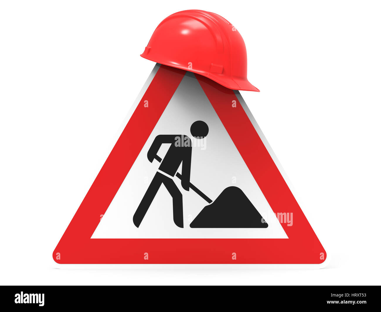 Im Bau, Straße Zeichen und Sicherheit Helm, isoliert auf weißem Hintergrund 3D-Rendering Stockfoto
