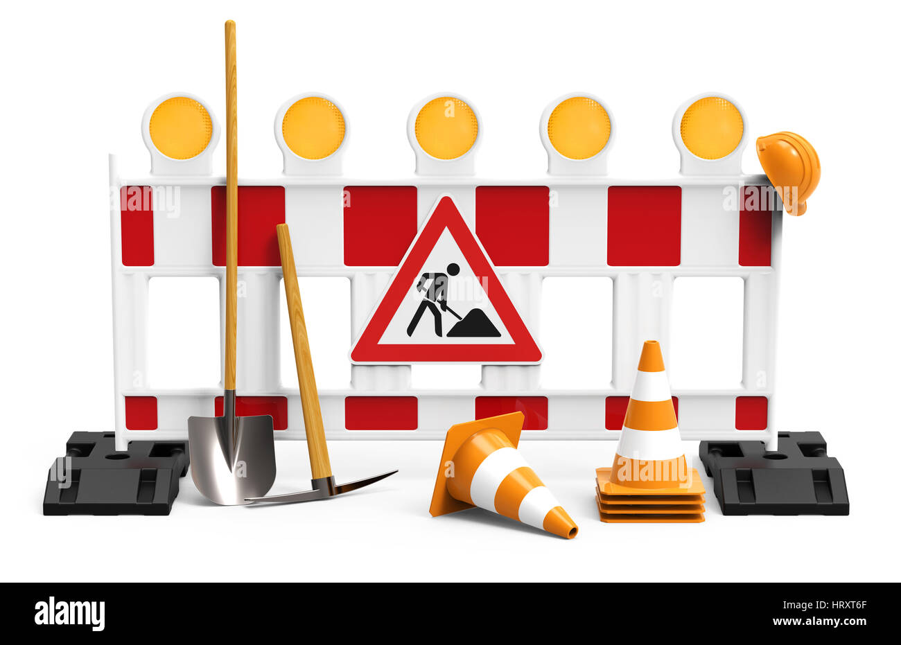 Straße-Barriere mit Schaufel, Verkehrszeichen, Verkehr Kegel und Sicherheit Helm, isoliert auf weißem Hintergrund 3D-Rendering Stockfoto