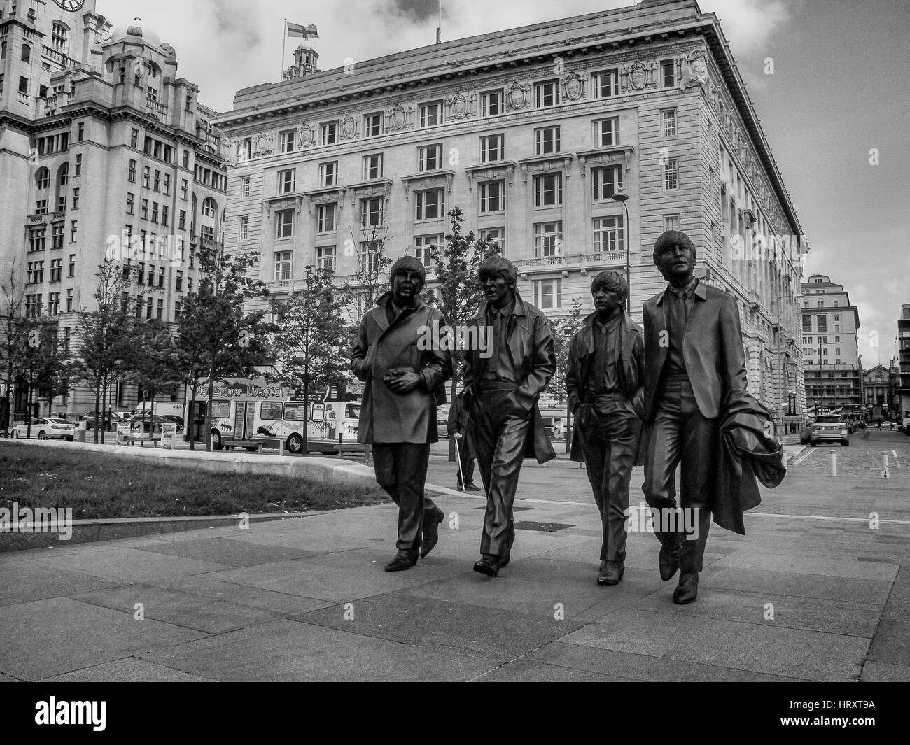 Beatles Staues, Pier Head, der von Liverpool Stockfoto