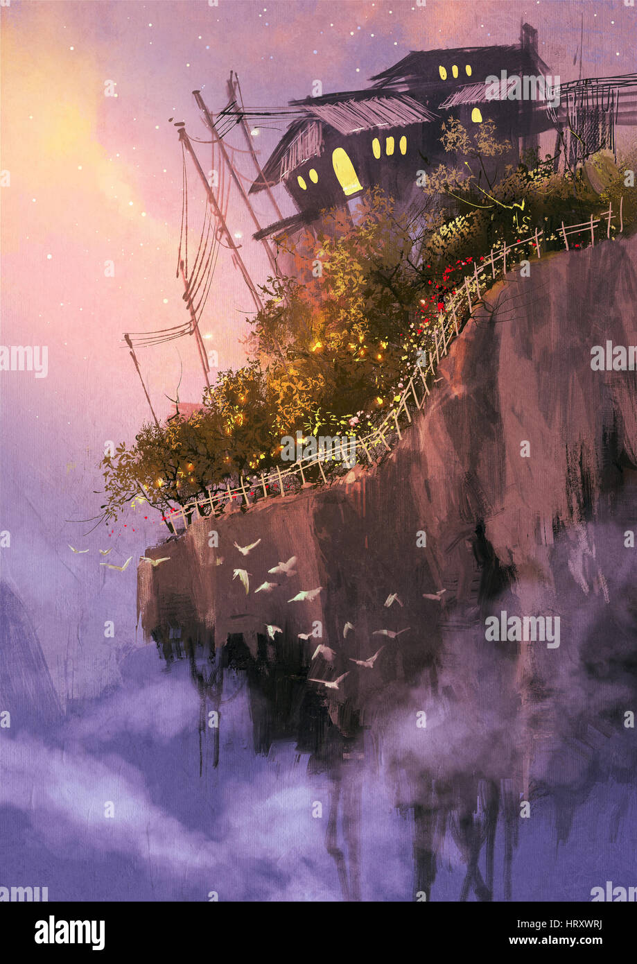 Fantasy-Landschaft mit schwimmenden Inseln in den Himmel, digitale Malerei Stockfoto