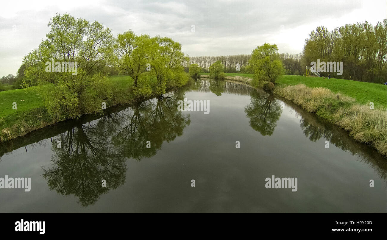 Bäume im Wasser, Lippeauen, Lippe reflektierende, Fluss natürlich, Naturschutzgebiet südlich von pflegt, pflegt, Ruhr Gebiet, Münsterland Stockfoto