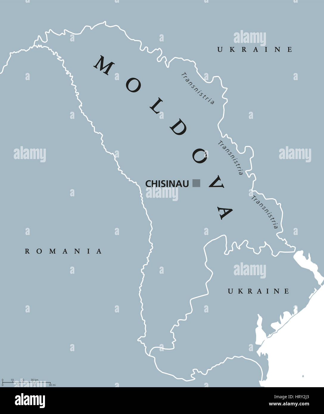 Republik Moldau politische Karte mit Hauptstadt Chisinau, Transnistrien, nationale Grenzen und Nachbarn. Auch Moldawien, Binnenstaat Republik in Osteuropa. Stockfoto