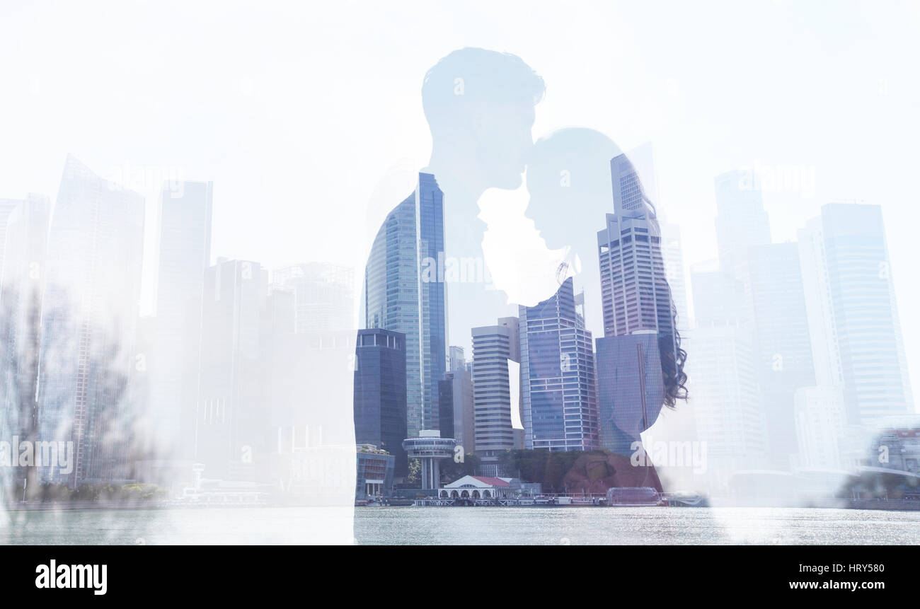 Liebe in der Großstadt, paar Silhouette Doppelbelichtung Hintergrund, Mann und Frau-Beziehungen-Konzept Stockfoto