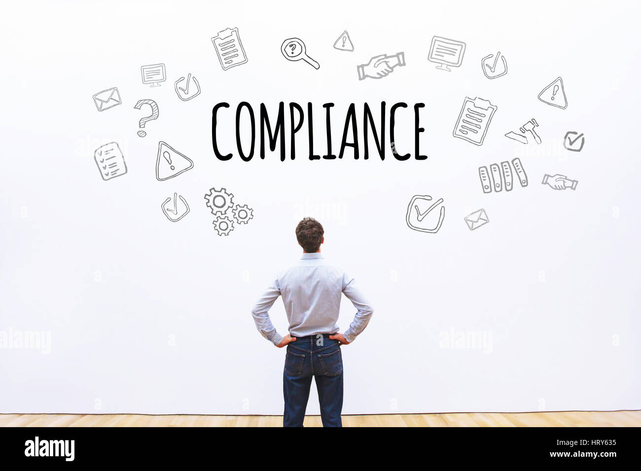 Compliance-Konzept auf weißem Hintergrund mit Schema erstellt icons Stockfoto