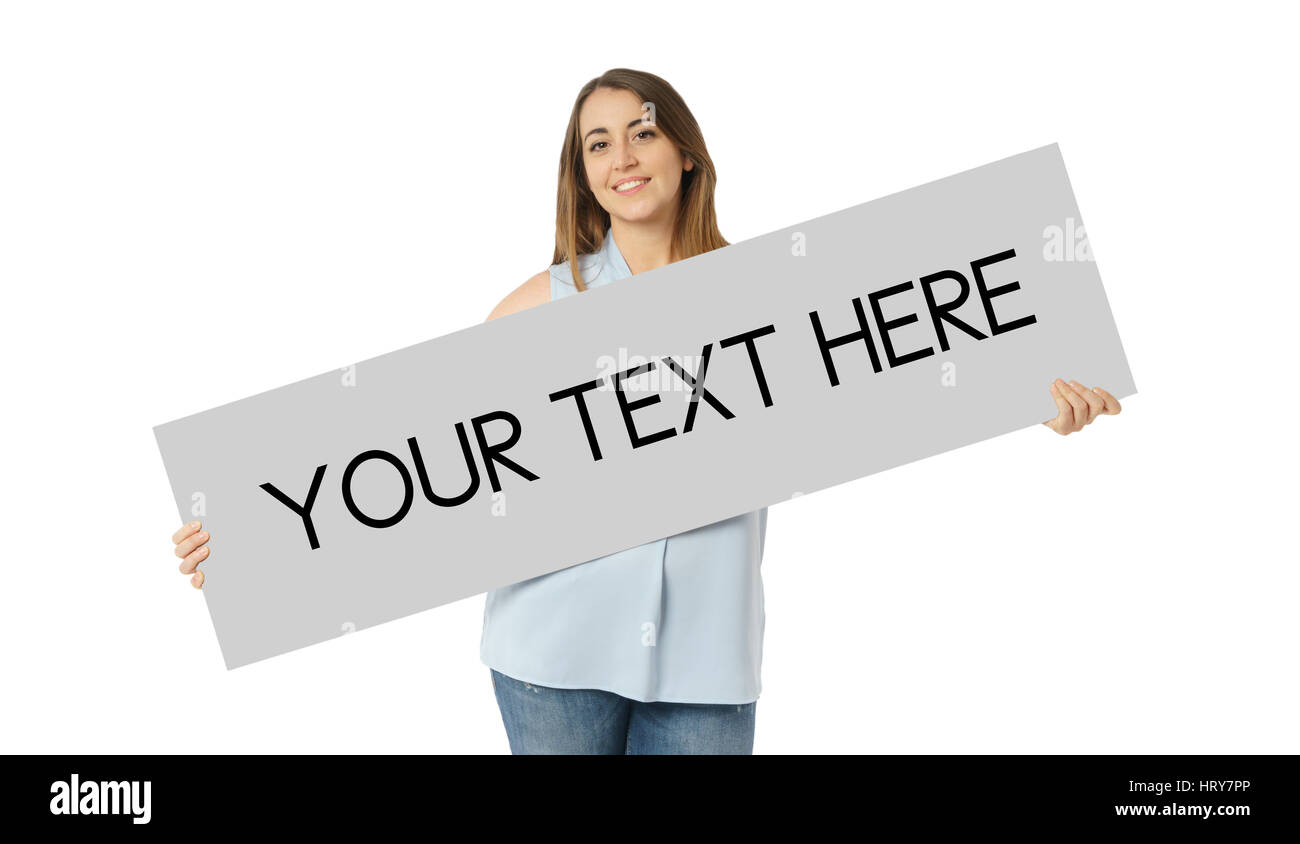 Vorderansicht des kaukasischen Frau mit leeren Blanck Board, Ihren Text hier, weißer Hintergrund, casual-style Stockfoto