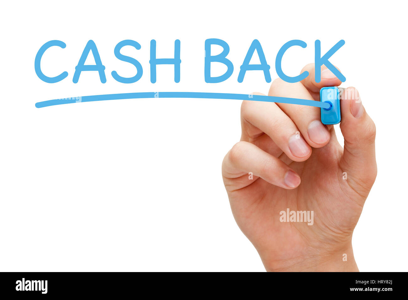Handschrift Cash Back mit blaue Markierung auf transparentem Glas. Stockfoto