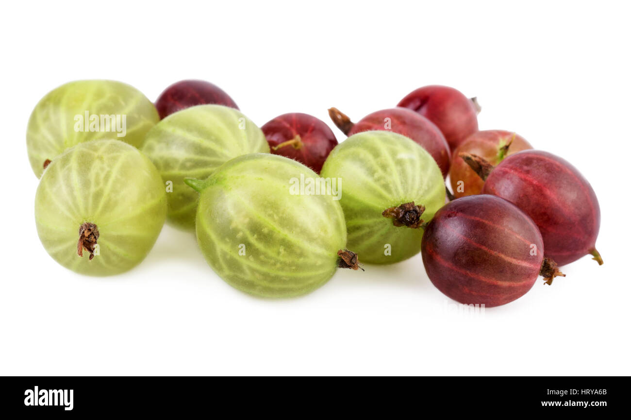 Stachelbeere Closeup grüne rote Stachelbeeren isoliert auf weiss Stockfoto