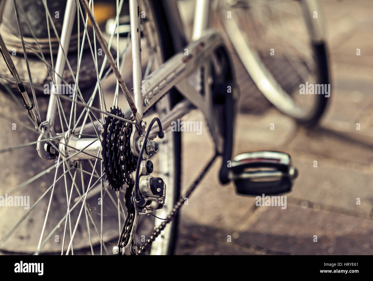 Fahrrad. Selektiven Fokus auf Kette und Getriebe. Hinteren Getriebe und Fahrrad-Kette. Stockfoto