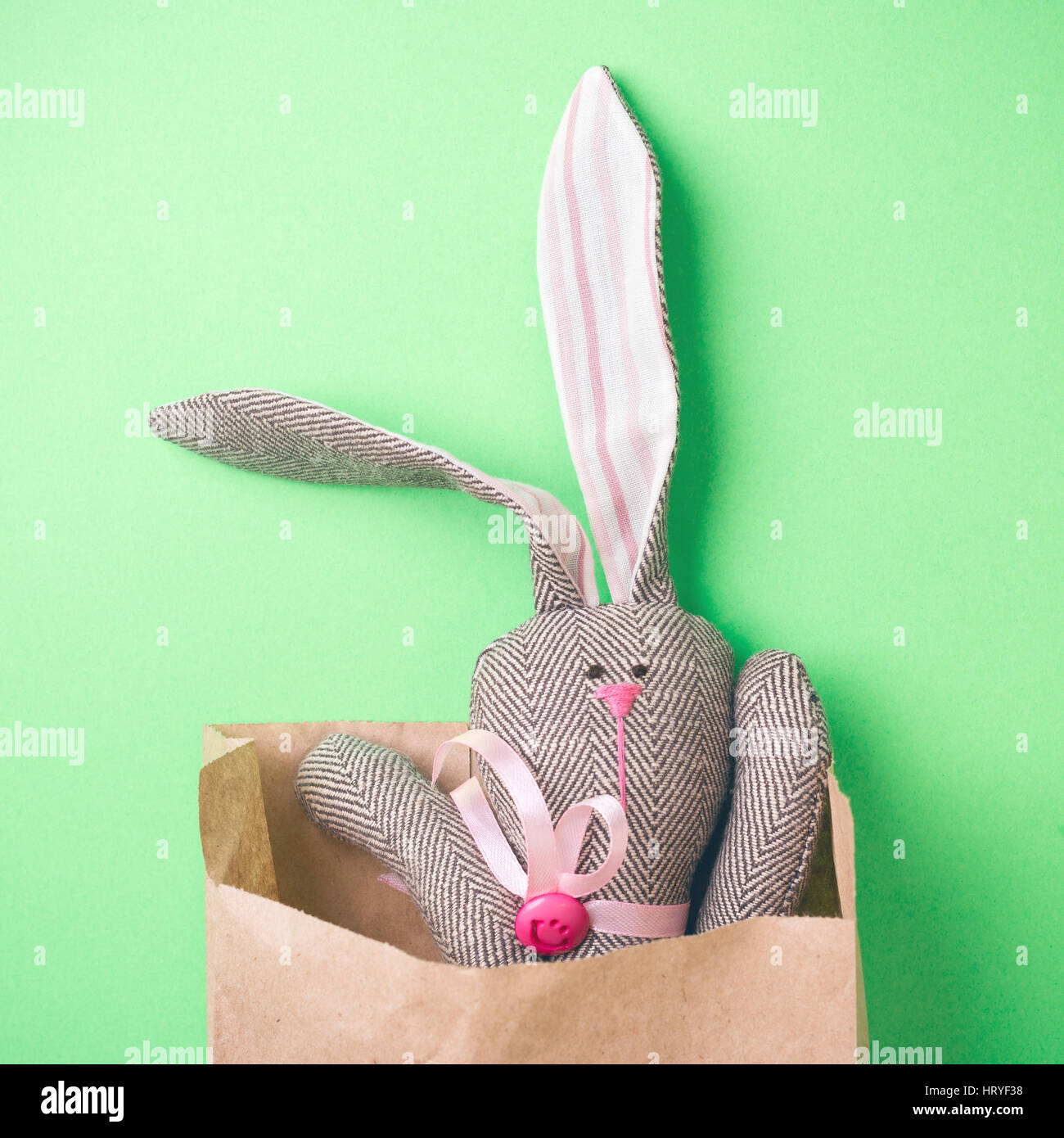 Osterhase in eine Papiertüte. Grünen Hintergrund. Ostern-Ideen. Ostereier. Platz für Text. Stockfoto