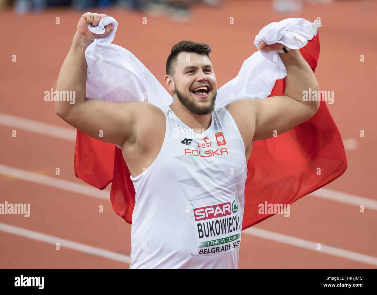 Belgrad, Serbien. 4. März 2017. Konrad Bukowiecki aus Polen feiert nach dem Kugelstoß Finale bei den European Athletics Indoor WM 2017-Finals in Belgrad, Serbien, 4. März 2017. Foto: Sven Hoppe/Dpa/Alamy Live News Stockfoto