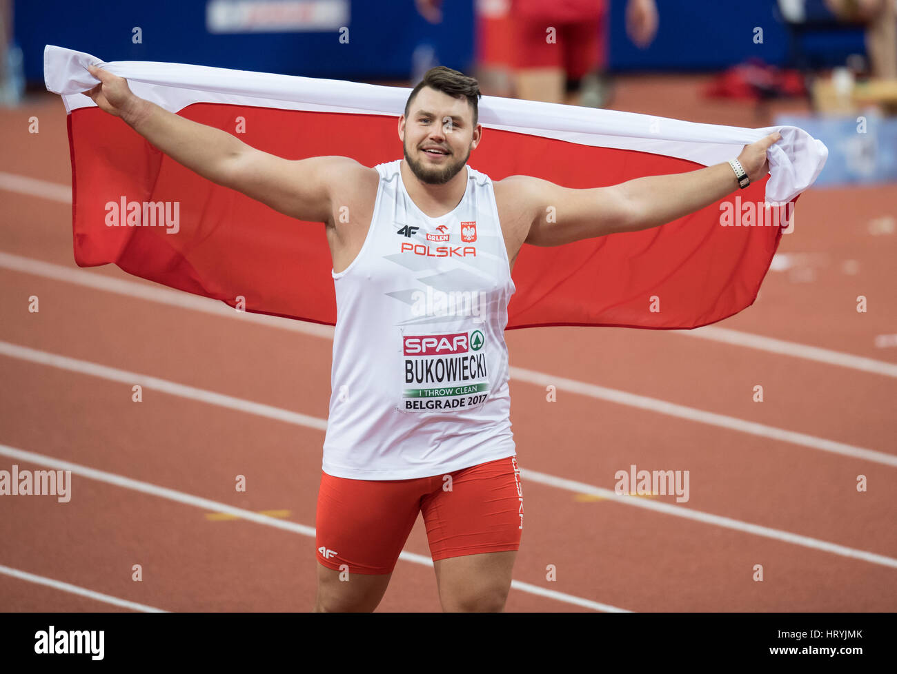 Belgrad, Serbien. 4. März 2017. Konrad Bukowiecki aus Polen feiert nach dem Kugelstoß Finale bei den European Athletics Indoor WM 2017-Finals in Belgrad, Serbien, 4. März 2017. Foto: Sven Hoppe/Dpa/Alamy Live News Stockfoto