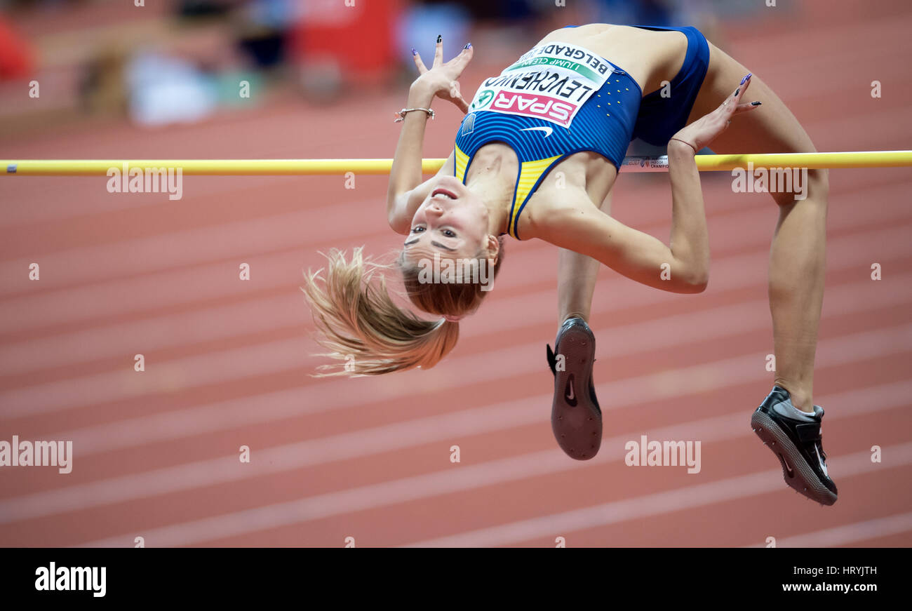 Belgrad, Serbien. 4. März 2017. Yuliya Levchenko aus der Ukraine in Aktion im Hochsprung Finale bei den European Athletics Indoor WM 2017-Finals in Belgrad, Serbien, 4. März 2017. Foto: Sven Hoppe/Dpa/Alamy Live News Stockfoto