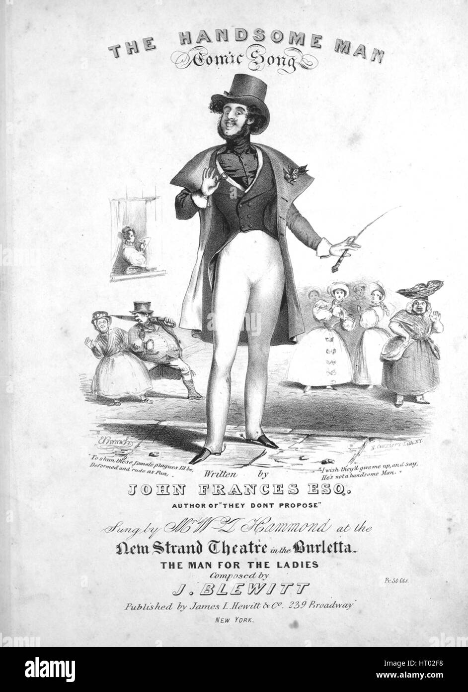 Noten-Cover-Bild des Liedes "The Handsome Man Comic Song" mit ursprünglichen Autorschaft Notizen lesen "geschrieben von John Frances, Esq; Komponiert von J Blewitt ", USA, 1900. Der Verlag als "James L. Hewitt und Co., 239 Broadway" aufgeführt ist, die Form der Komposition ist "strophische mit Chor", die Instrumentierung ist "Klavier und Stimme", die erste Linie liest "meine Nase ist sehr gebogene, meine Augen sind sehr groß, meine Zähne sind sehr schön und fünf Fuß acht ich stehe" und der Abbildung Künstler wird als aufgeführt "E. Browne, del.; N. Currier Lith N.Y. ". Stockfoto