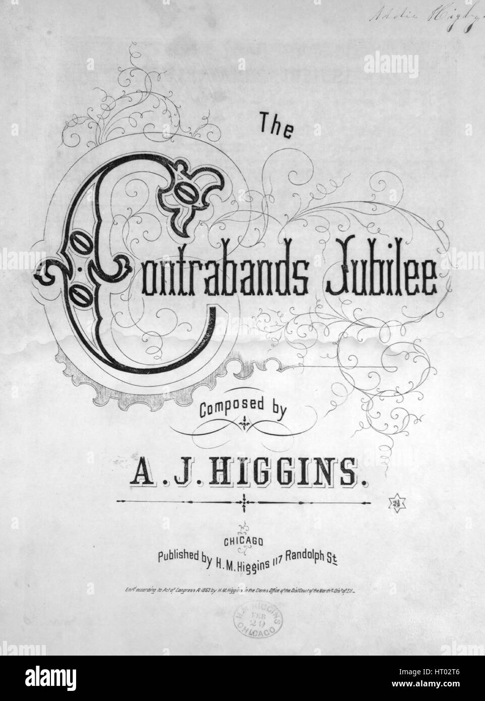 Titelbild der Noten des Liedes "The Feldzüge Jubilee", mit ursprünglichen Autorschaft Noten lesen 'Komponiert von AJ Higgins', USA, 1862. Der Verlag als "H.M Higgins, 117 Randolph St." aufgeführt ist, die Form der Komposition ist "strophische mit Chor", die Instrumentierung ist "Klavier und Stimme", liest die erste Zeile "Oh, Lob und Panzer! De Herr er gekommen, um de Volk zu befreien ", und der Abbildung Künstler als"Pearson"aufgeführt ist. Stockfoto