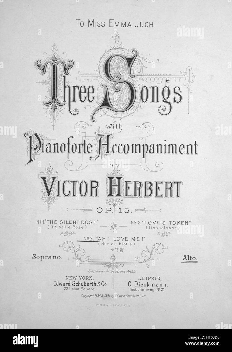 Titelbild der Noten des Liedes "drei Lieder mit Pianoforte Begleitung No3 Ah! Liebe mich! (OE Ehlers) [auf Englisch und Deutsch] ", mit ursprünglichen Autorschaft Noten lesen"Musik von Victor Herbert englische Version von Sophie Schneider", USA, 1894. Der Verlag als "Edward Schuberth und Co." aufgeführt ist, die Form der Komposition ist "strophische mit Chor", die Instrumentierung ist "Klavier und Stimme", die erste Zeile lautet "noch einmal ich sehne mich nach, ich sage dir wie kostbare Liebe, du bist für mich", und der Abbildung Künstler als "Printed von C.G Roder, Leipzig" aufgeführt ist. Stockfoto