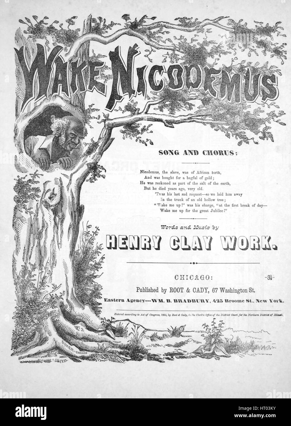 Noten-Cover-Bild des Liedes "Wake Nikodemus Lied und Chor", mit ursprünglichen Autorschaft Noten lesen "Wörter und Musik von Henry Clay Arbeit", Vereinigte Staaten, 1864. Der Verlag als "Root und Cady, 67 Washington St." aufgeführt ist, die Form der Komposition ist "strophische mit Chor", die Instrumentierung ist "Klavier und Stimme", die erste Zeile lautet "Nikodemus, der Sklave der afrikanischen Geburt war, und wurde für ein Bagful Gold gekauft", und der Abbildung Künstler als "Baker-Chicago" aufgeführt ist. Stockfoto