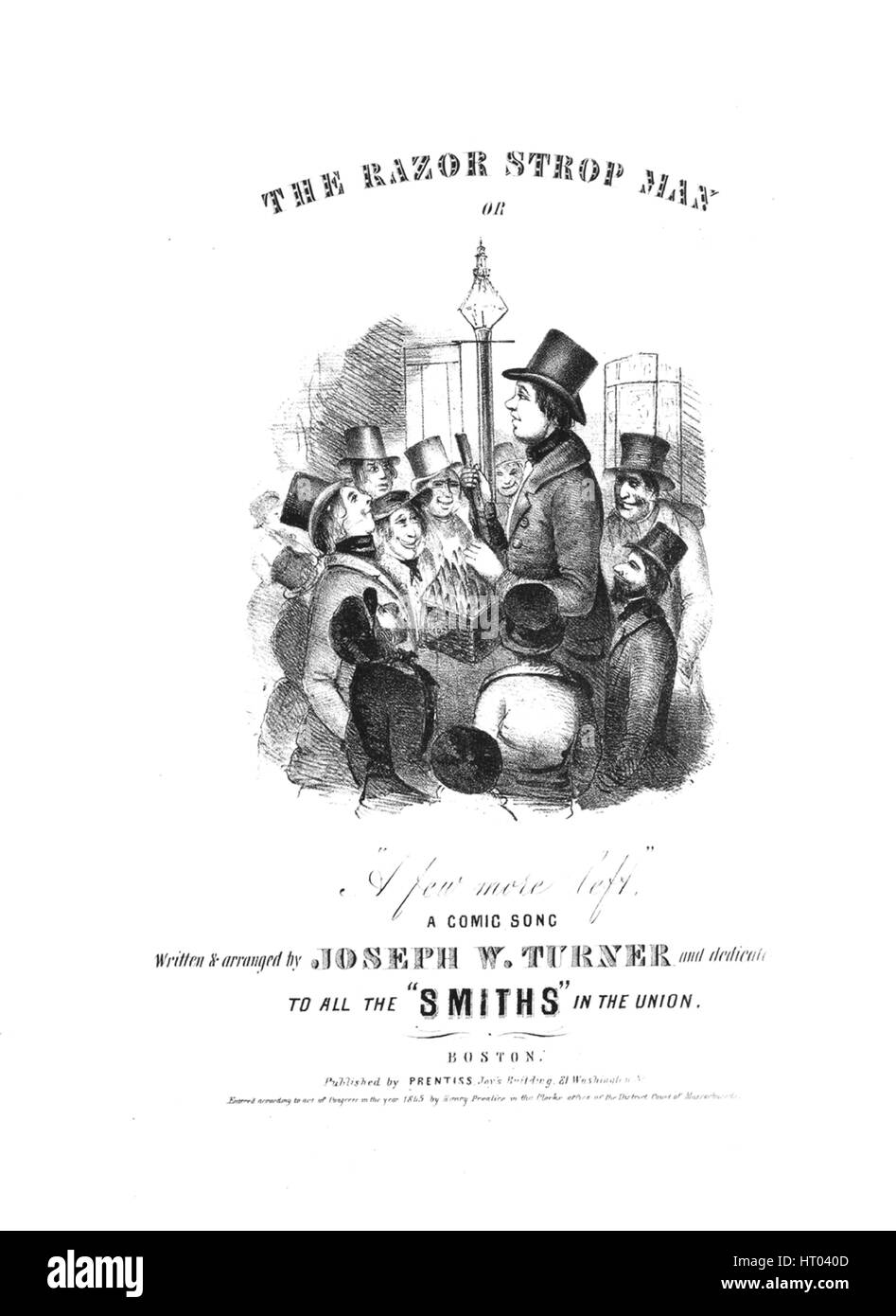 Titelbild des Liedes 'The Razor Strop man, or, 'A Few More Left' A Comic Song', mit Originalnotizen zur Autorenschaft mit der Aufschrift 'Written and arranged by Joseph W Turner', USA, 1845. Der Verlag ist als 'Prentiss, Jay's Building, 81 Washington St.' aufgeführt, die Form der Komposition ist 'strophisch mit Chor', die Instrumentierung ist 'Klavier und Stimme', die erste Zeile lautet 'in Passing thro' State Street, ich sah eine große Menge, ich hörte einen Mann, der sehr laut wegrief', Und der Künstler der Illustration wird als 'None' aufgeführt. Stockfoto