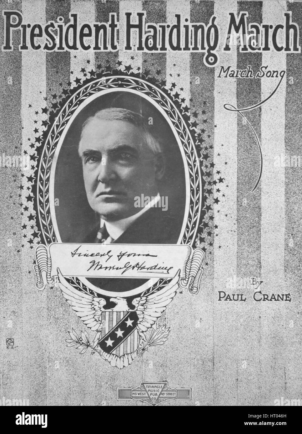 Noten-Cover-Bild des Liedes "Präsident Harding März März Lied", mit ursprünglichen Autorschaft Noten lesen "Von Paul Crane", USA, 1920. Der Herausgeber ist als aufgeführt "Dreieck Music Pub. Co., 145 West 45th St. ", die Form der Komposition ist"Vers mit Chor", die Instrumentierung ist"Klavier und Stimme", die erste Linie liest"Uncle Sam Sie gewählt haben, einen echten Mann"und der Abbildung Künstler als"R.S"aufgeführt ist. Stockfoto