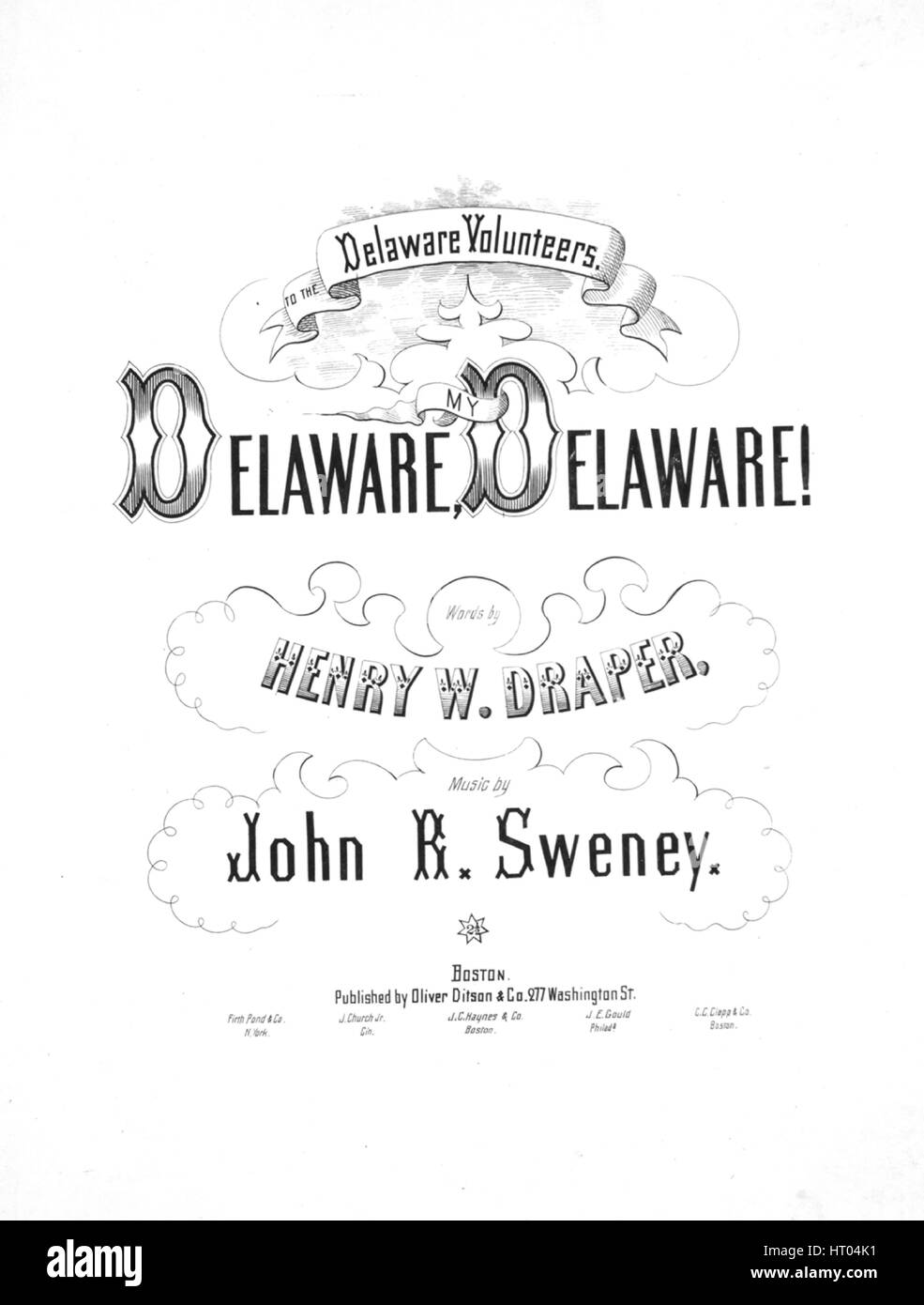 Titelbild der Noten des Liedes "Delaware, My Delaware!", mit ursprünglichen Autorschaft Noten lesen "Worte von Henry W Draper-Musik von John R Sweney", USA, 1900. Der Verlag als "Oliver Ditson and Co., 277 Washington St." aufgeführt ist, die Form der Komposition ist "strophischen", die Instrumentierung ist "Klavier und Stimme", die erste Linie liest "der Verräter Knock ist an deine Tür, Delaware, meine Delaware!" und der Abbildung Künstler als 'None' aufgeführt ist. Stockfoto