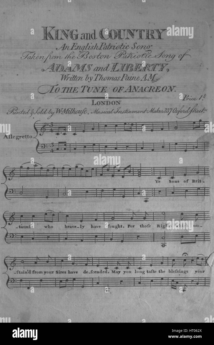 Sheet Music cover Bild des Liedes "König und Vaterland ein englischer patriotisches Lied entnommen aus Boston patriotische Lied von Adams und Freiheit", mit ursprünglichen Autorschaft Noten lesen "Geschrieben von Thomas Paine AM, the Tune von Anacreon", Vereinigtes Königreich, 1900. Der Verlag als "W. Milhouse, musikalische Instrumentenmacher, 337 Oxford Street" aufgeführt ist, die Form der Komposition ist "strophische mit Refrain", die Instrumentierung ist "Klavier und Stimme", die erste Zeile lautet "Ye Söhne von Britannia, die tapfer gekämpft haben" und der Abbildung Künstler als 'None' aufgeführt ist. Stockfoto