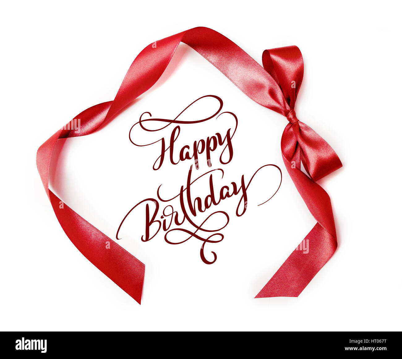braune Band mit einer Schleife auf weißem Hintergrund und Text alles Gute zum Geburtstag. Kalligraphie-Schriftzug Stockfoto